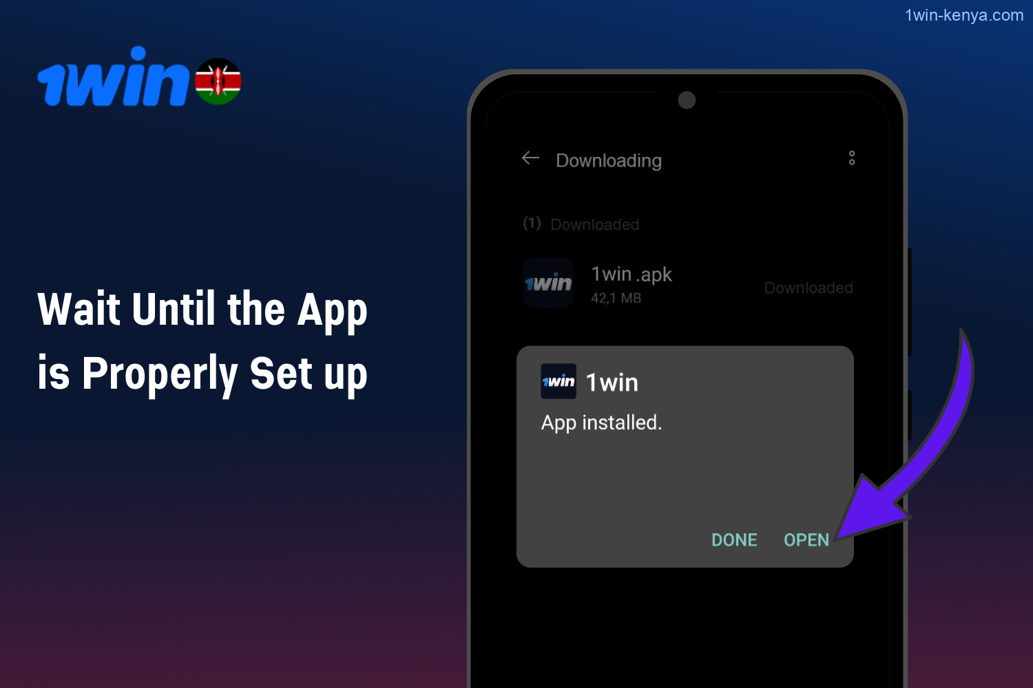 Once you press the confirmation button, users in Kenya just need to wait a moment for the 1win app to install on their smartphone
