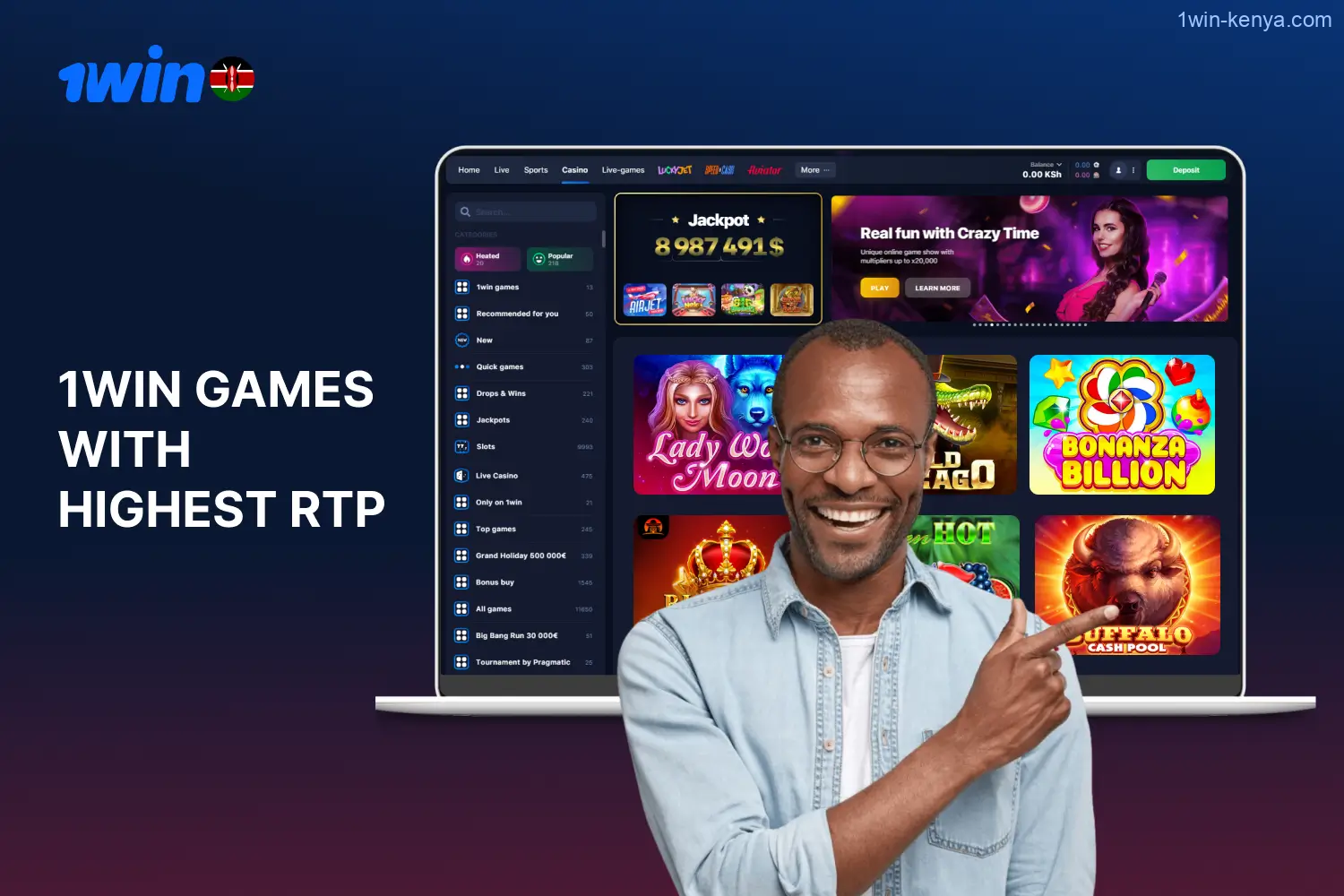 1win casino presents players in Kenya with a variety of games boasting high RTPs.