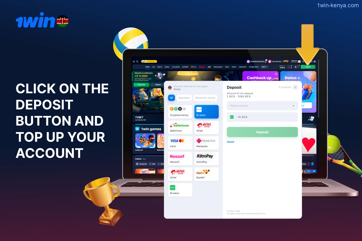 Kenyan users must add funds to their 1win accounts before they can start placing bets.