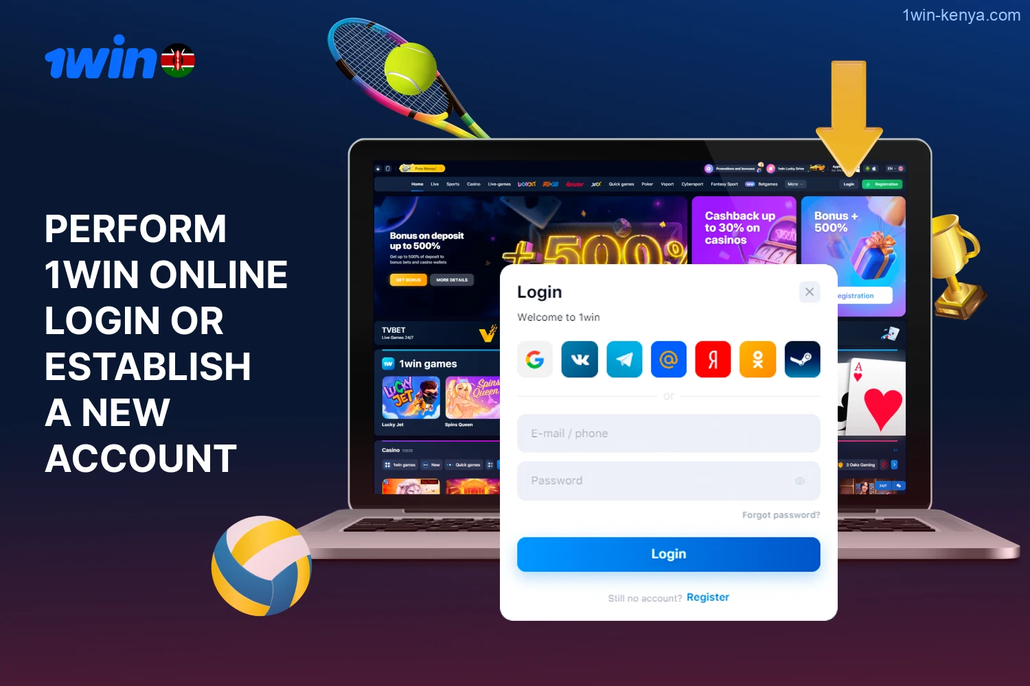 Log into the 1win Kenya online platform or create a new user account.