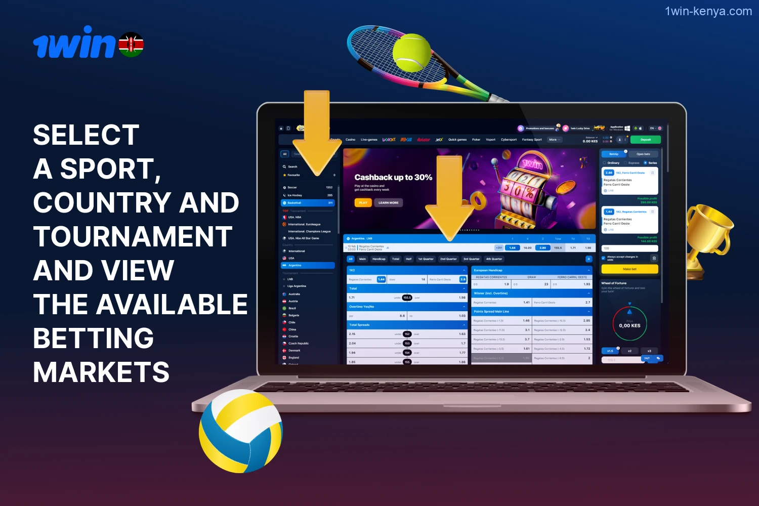 Select the sport, country, and tournament you're interested in, and browse the betting options available on the 1win Kenya platform.